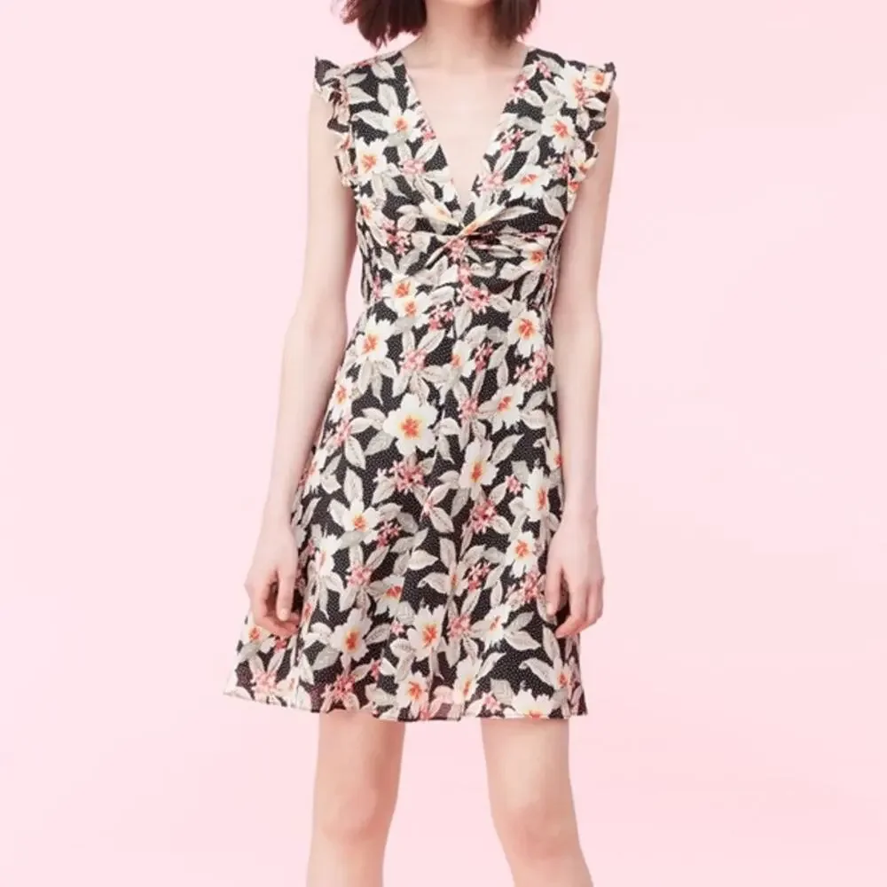 Rebecca Taylor Kamea Fleur Silk V-Neck Floral Mini Dress Smocked Flutter Y2K